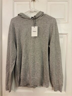 Theory Light Gray Crewneck Hooded Cashmere-Blend Sweater